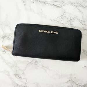 Michael Kors Long Black Saffiano Leather Continental Zip Around Wallet